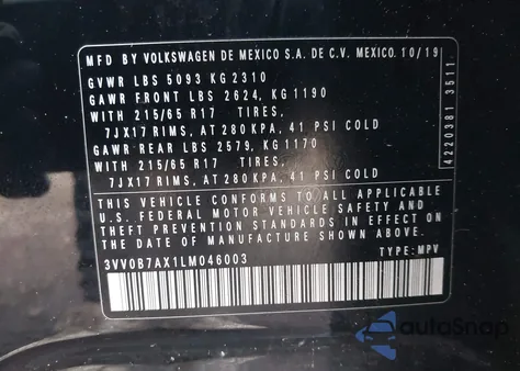 2020 Volkswagen Tiguan 2.0T S z USA, uszkodzony, nr VIN 3VV0B7AX1LM046003